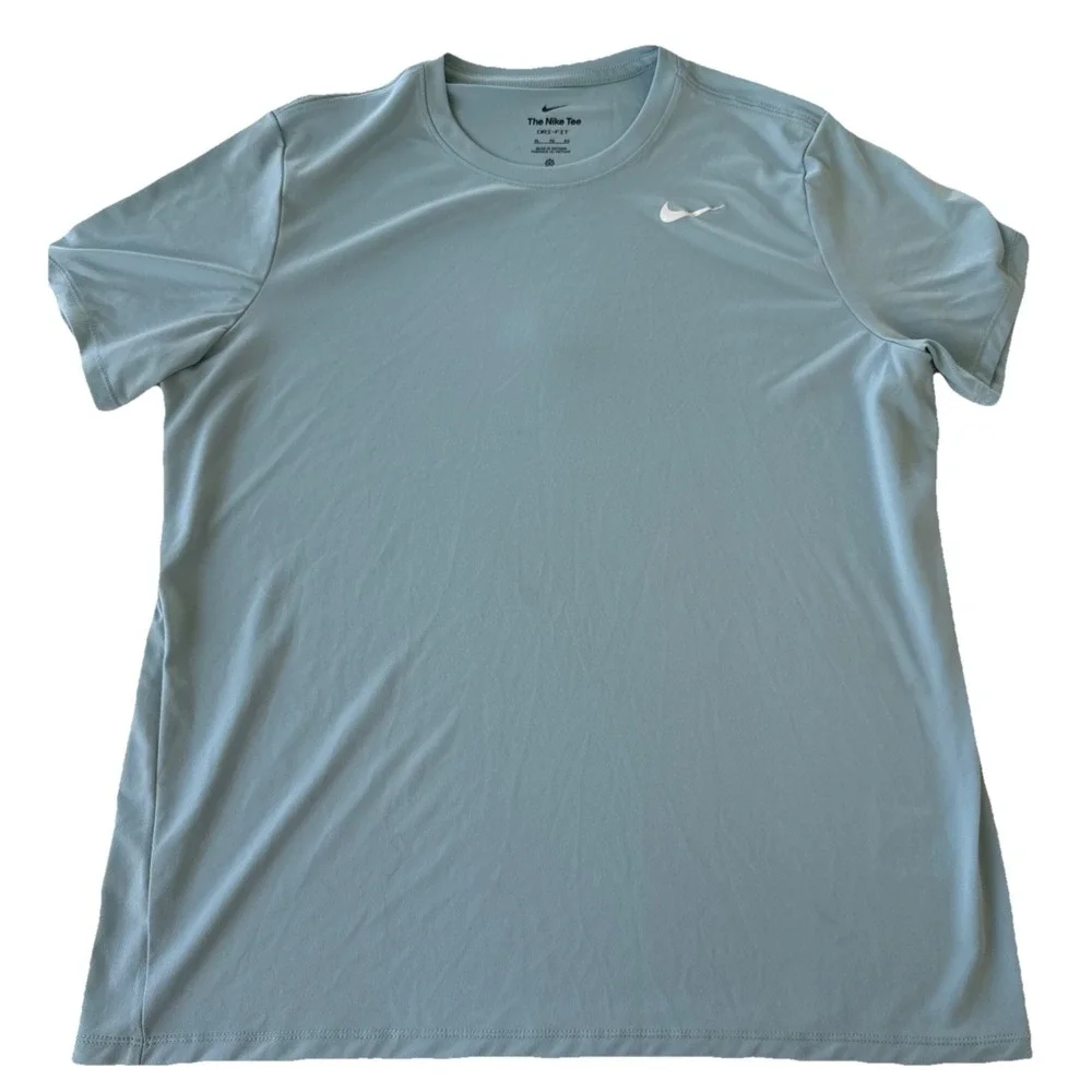 The Nike Tee Shirt XL Women's Powder BlueDri-Fit White Swoosh Gym Sports Workout